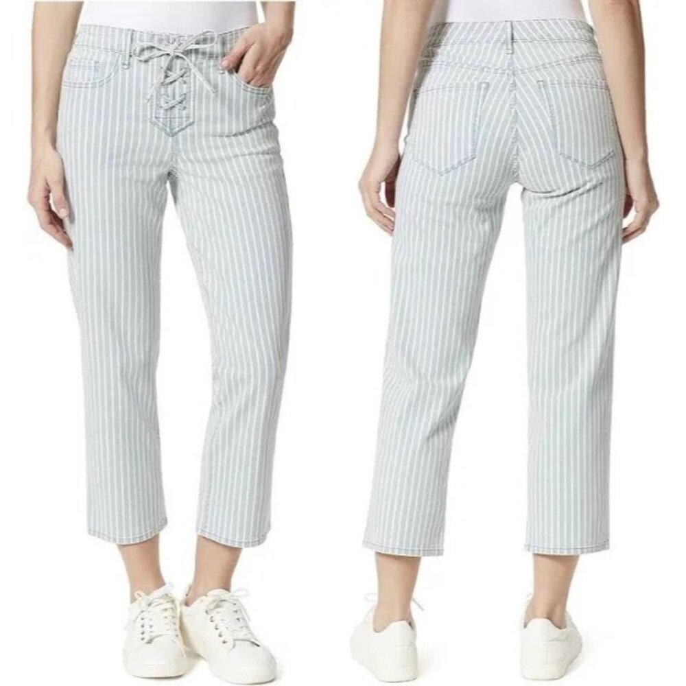 FRAYED CROPPED LACE-UP STRIPED DENIM JEANS SZ 16/33